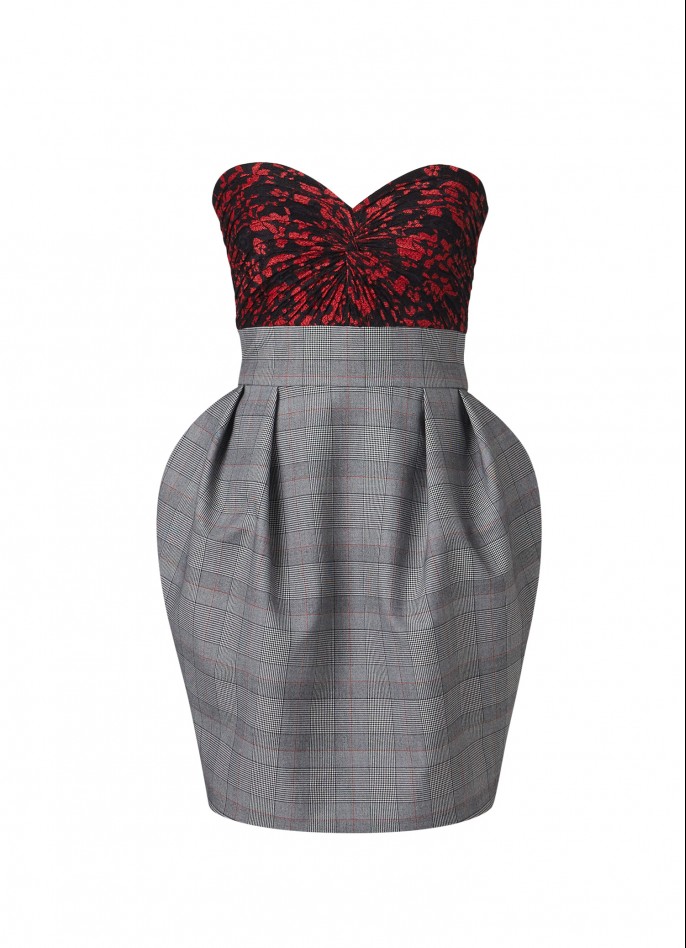 RED / BLACK / GREY HAND-DRAPED LACE AND CHECKED DRESS